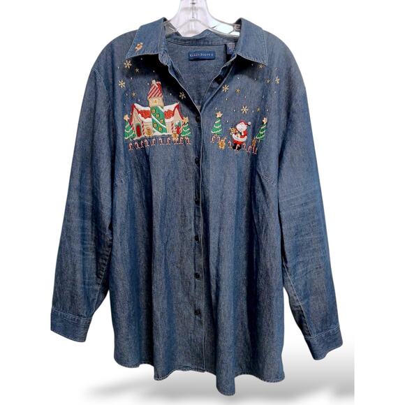 Vntg Karen Scott Christmas Shirt Plus 2X Denim Button Up Santa Gingerbread Y2K - Picture 1 of 16